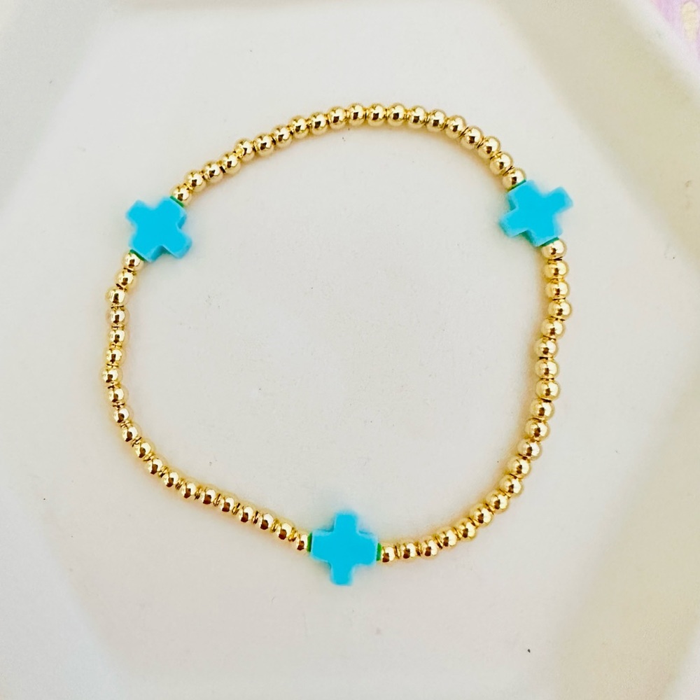 Turquoise Blue Cross Gold Bead Bracelet ✨